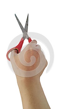 Hand is holding scissors isolated on a white background