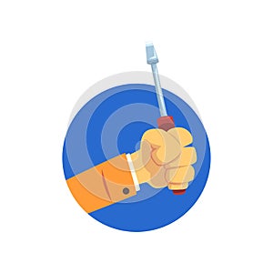 Hand holding screwdriver, technical service, repairs and and other mechanical processes cartoon vector Illustration