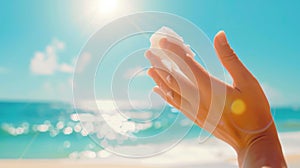 Hand holding sea shell against sunny beach and ocean waves