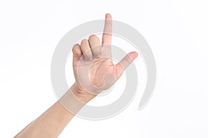 Hand holding seduction gesture in front of white background