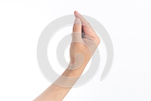 Hand holding seduction gesture in front of white background