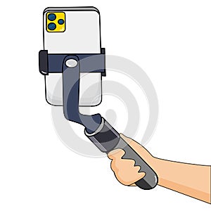 Hand holding selfie stick with phone and shooting photo. Flat vector illustration