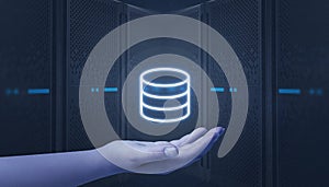 Hand holding server, data center icon. Web hosting servers in background