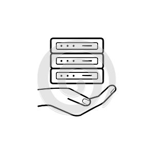 Hand holding server hand drawn outline doodle icon.