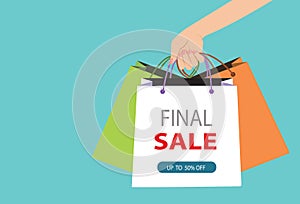 Hand holding Shopping bags with final sale, up to 50% off letter, Black Friday. Vector