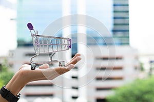 Hand holding shopping cart. Image use for shopping mall, online and offline store, marketing retail concept