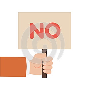 Hand holding sign with the word No.