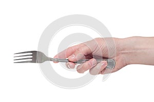 Hand holding a silver fork on an isolated white background