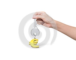 Hand holding silver key with golden euro sign shape keyring