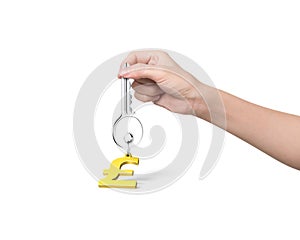 Hand holding silver key with golden pound symbol shape keyring