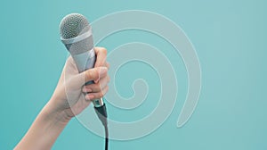 Hand Holding a Silver Microphone.AI generated image