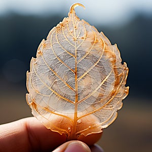 hand holding a single fossilized autumn transparent leaf
