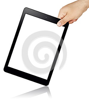 Hand Holding Slanted Blank Screen Tablet Pc Isolated