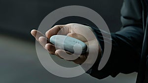 A hand holding a sleek compact device that can be attached to any article of clothing for onthego stimulation photo