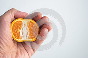 Hand holding slice of orange isolated on white background