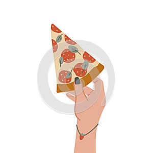 A hand holding a slice of pepperoni pizza