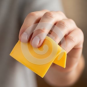 The background is blurred, emphasizing focus on the cheese and the hand