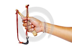 Hand Holding Slingshot Isolated on White Background