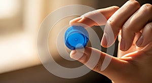 A hand is holding a small blue bottle cap between the thumb and index finger. The cap