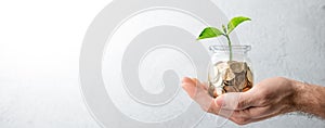 Hand Holding Small Coin Jar With Plant Growing From It Against Soft Grey Background