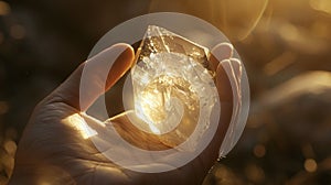 A hand holding a small crystal believed to possess healing properties is bathed in the glow of sunlight during a reiki photo