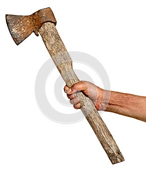 Hand holding small old rusty hatchet isolated on