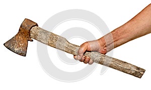 Hand holding small old rusty hatchet isolated on