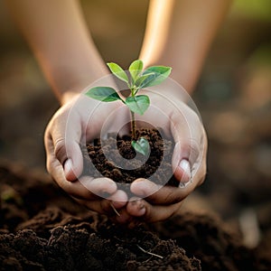 hand holding small plant growing in soil