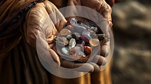 A hand holding a small pouch of gemstones carefully selected and believed to have unique healing properties by