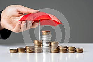 Hand holding small red umbrella over pile of coins on white table. Insurance, financial safety and investment concept.