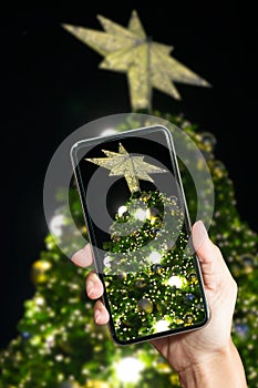 Hand holding smart phone against Christmas Tree background