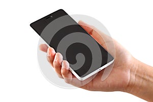 Hand holding smart phone against white background