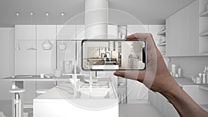 Hand holding smart phone, AR application, simulate furniture and interior design products in real home, architect designer concept