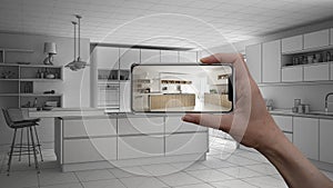 Hand holding smart phone, AR application, simulate furniture and interior design products in real home, architect designer concept