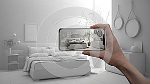 Hand holding smart phone, AR application, simulate furniture and interior design products in real home, architect designer concept