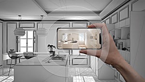 Hand holding smart phone, AR application, simulate furniture and interior design products in real home, architect designer concept