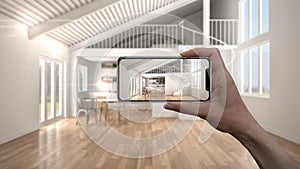 Hand holding smart phone, AR application, simulate furniture and interior design products in real home, architect designer concept