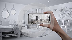 Hand holding smart phone, AR application, simulate furniture and interior design products in real home, architect designer concept