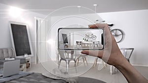 Hand holding smart phone, AR application, simulate furniture and interior design products in real home, architect designer concept