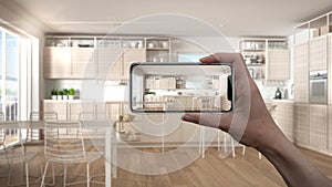 Hand holding smart phone, AR application, simulate furniture and interior design products in real home, architect designer concept photo