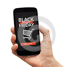 Hand holding smart phone with Black Friday concept on screen