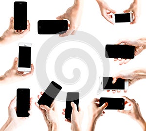 Hand holding smart phone blank screen. Woman hand holding smartphone isolated on white background