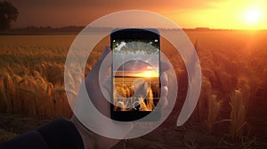 Hand holding smart phone camera up to take picture of country field at sunset