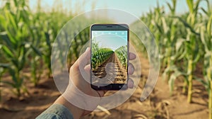 Hand holding smart phone camera up to take picture of field of corn crop