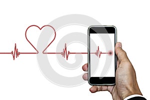 Hand holding smart phone with heart rhythm ekg, and heart shape, isolated on white background