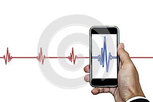 Hand holding smart phone with heart rhythm ekg, isolated on white background