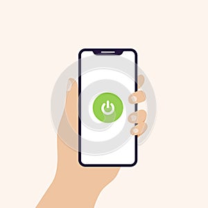 Hand holding smart phone in horizontal position banner. Concept of restart, turn on, power button. Vector illustration, flat