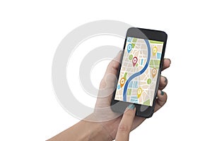 Hand holding smart phone with map gps navigation application.