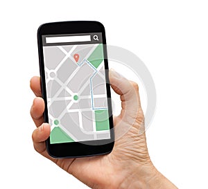 Hand holding smart phone with map gps navigation application on
