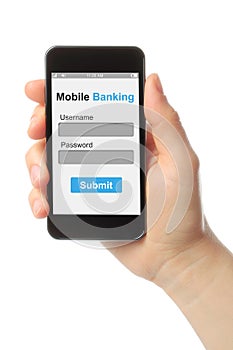 Hand holding smart phone with mobile banking login box